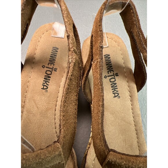 Minnetonka Wedge Platform T Strap Suede Sandal Size 7 Brown Fringe Espadrille - Picture 7 of 10